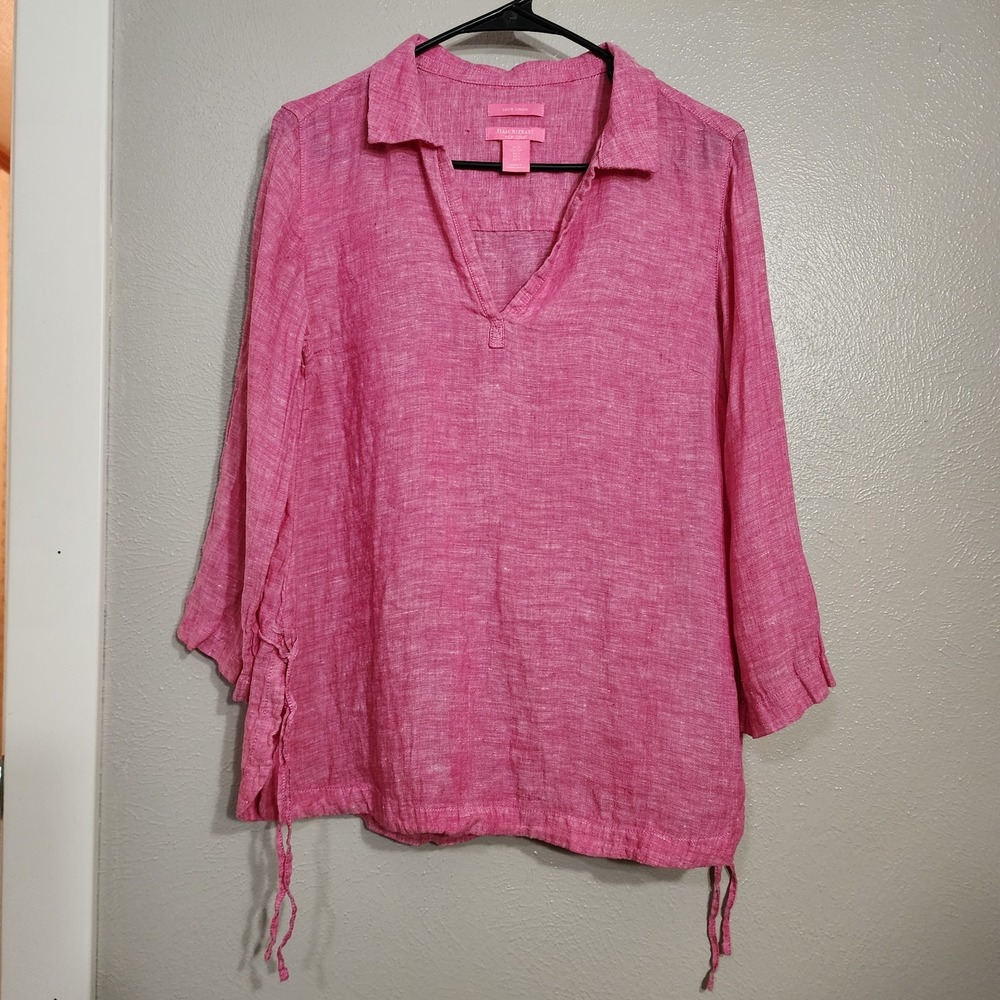 Isaac Mizrahi Women's 100% Linen Popover Blouse Hot Pink 3/4 Sleeves Career Sz S